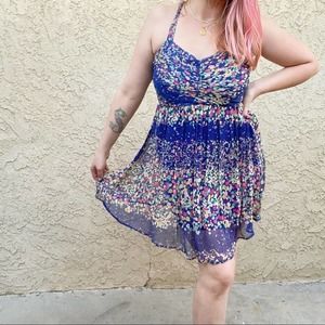 Ella Moss boho floral chiffon ruched strappy back cocktail party mini dress Sz M